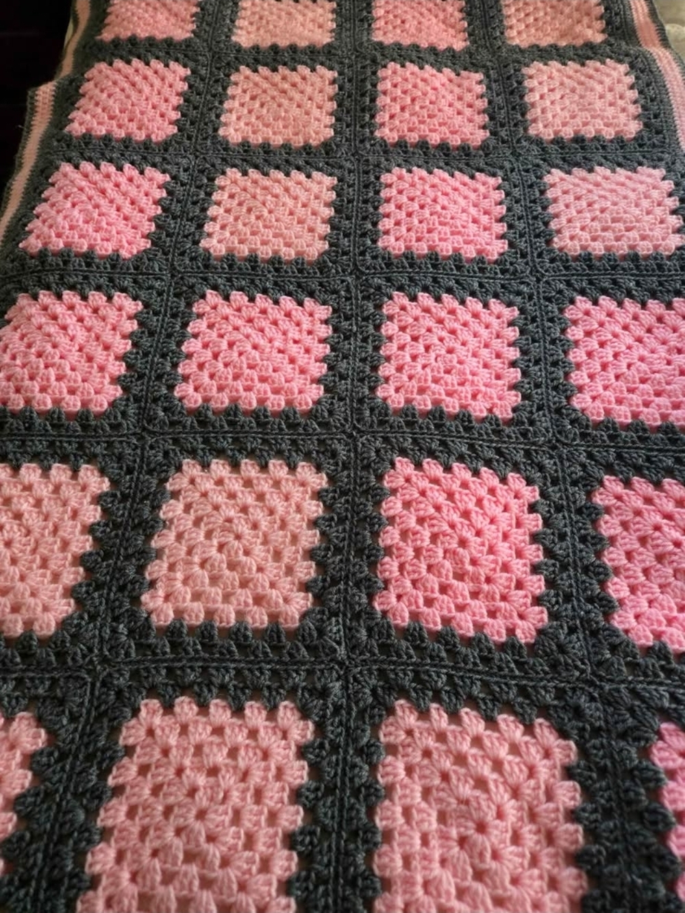 Handmade Pink Granny Square Crochet Blanket with Dark Gray Borders/Baby Blanket